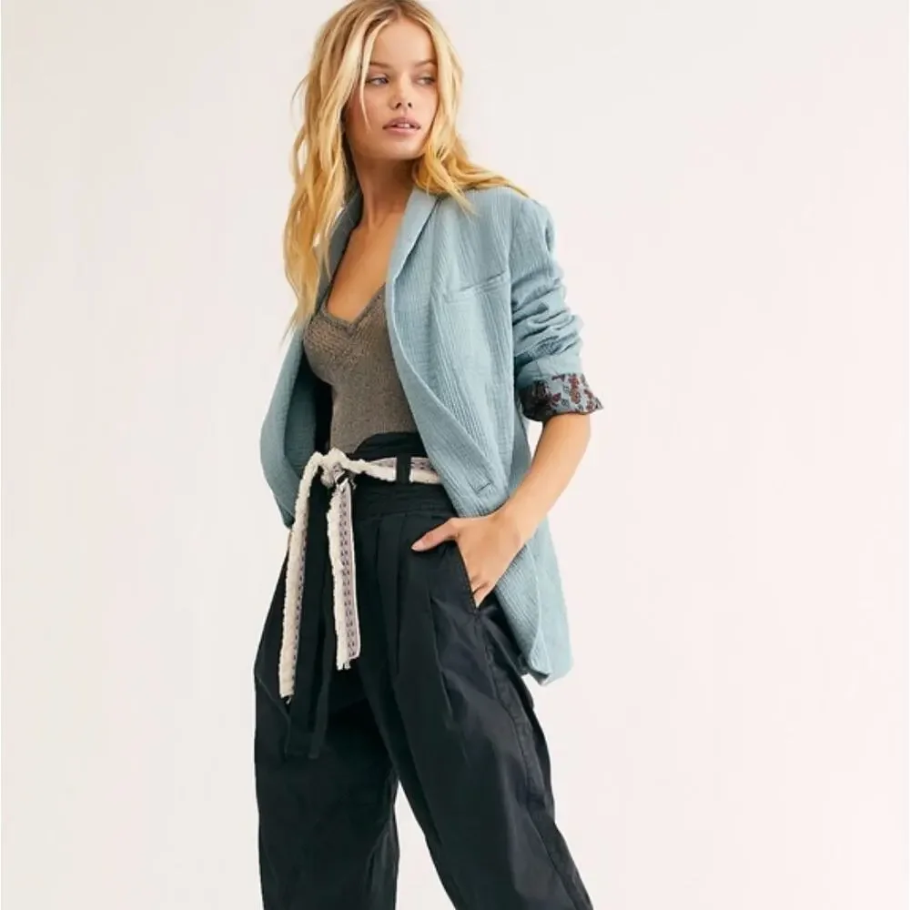 FREE PEOPLE Rowan Double Breasted Gauze Oversized Blazer Sage Blue Sz M {P28}